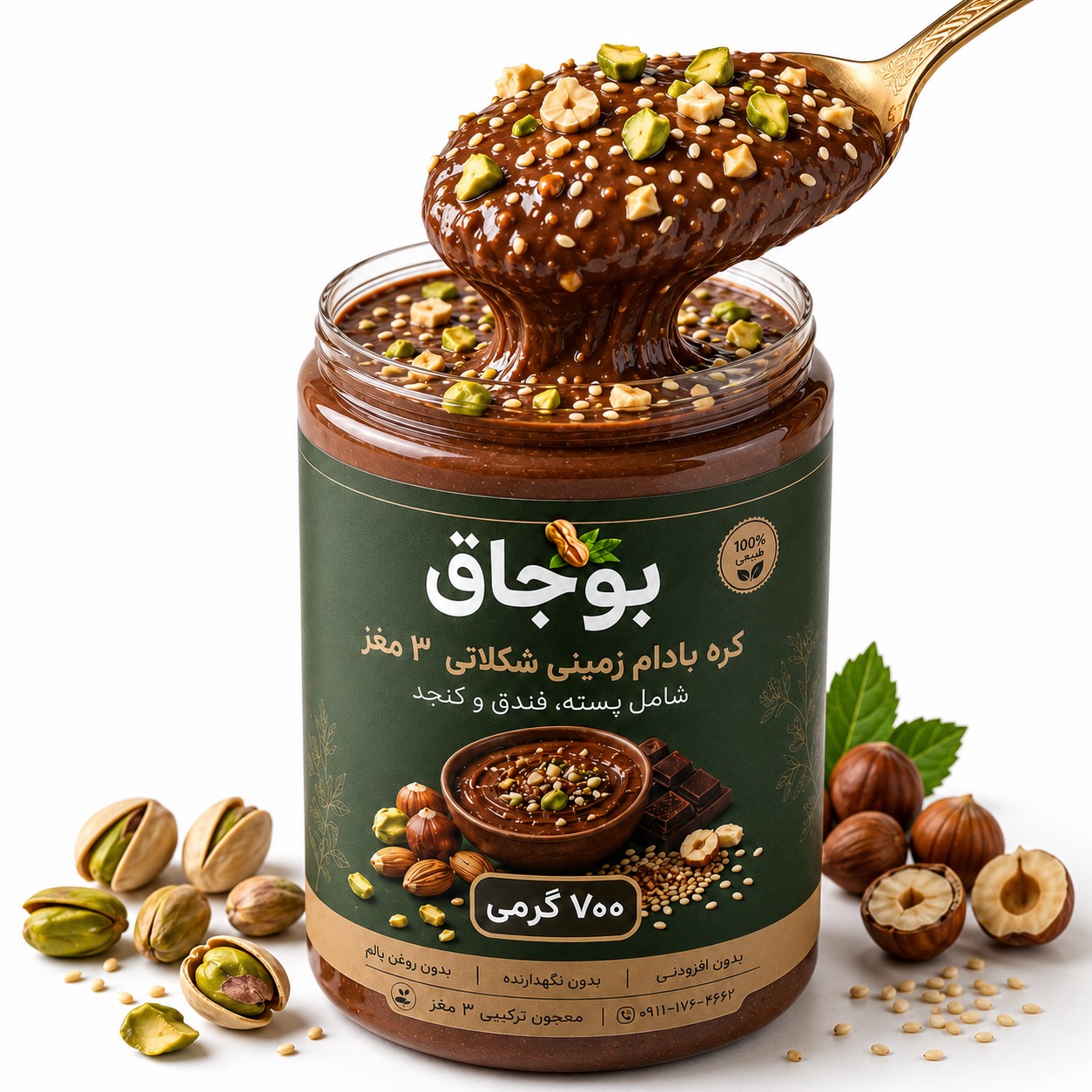 معجون کره بادام زمینی شکلاتی سه مغز (پسته، فندق و کنجد) 700 گرمی